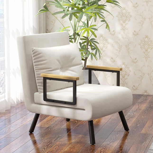 Convertible Sleeper Chair, 5-Position Recliner, Cream, With Cushion