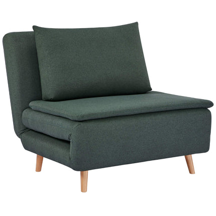Išskleidžiama sofa-lova su reguliuojamu atlošu, buko medienos kojelėmis, tamsiai žalia