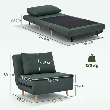 Išskleidžiama sofa-lova su reguliuojamu atlošu, buko medienos kojelėmis, tamsiai žalia