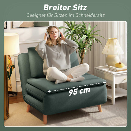 Išskleidžiama sofa-lova su reguliuojamu atlošu, buko medienos kojelėmis, tamsiai žalia