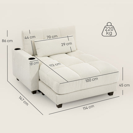 Išskleidžiama sofa-lova su pagalvėlėmis, puodelių laikikliais, kreminės baltos spalvos