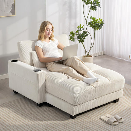 Išskleidžiama sofa-lova su pagalvėlėmis, puodelių laikikliais, kreminės baltos spalvos