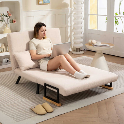 Išskleidžiama aksominė sofa-lova su pagalvėlėmis, smėlio spalvos