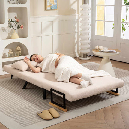 Išskleidžiama aksominė sofa-lova su pagalvėlėmis, smėlio spalvos