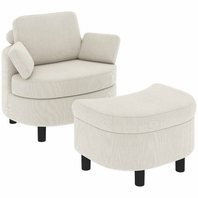 Cord Reading Armchair With Storage Ottoman, Cream White