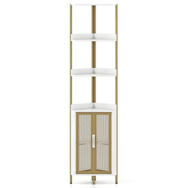 Kampinė knygų lentyna su spintele ir metaliniu rėmu, 170 cm, balta