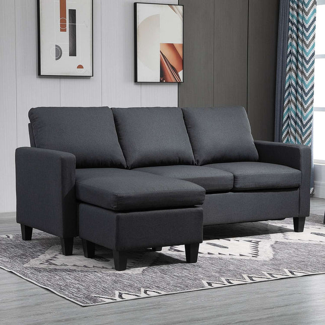 Kampinė sofa, Audinio sofa, Kampinė sofa, Sofų komplektas su dvipusiu šezlongu, L formos, Linas, Tamsiai pilka, 197 x 139 x 91 cm