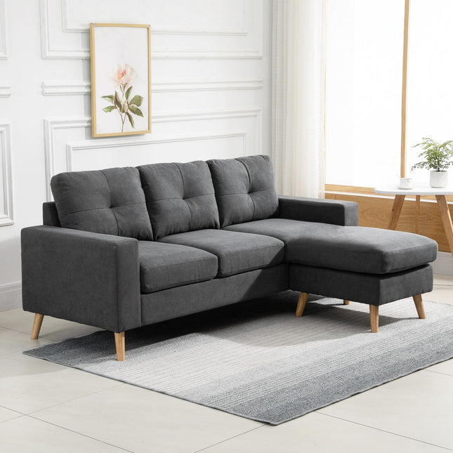 Pilka L formos kampinė sofa su šezlongu, lino imitacijos, 3 asmenims, 93x136x85 cm