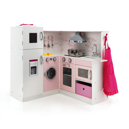 Corner play kitchen with sound and light children's kitchen made of wood including apron and play accessories 85 x 84 x 85 cm white + pink