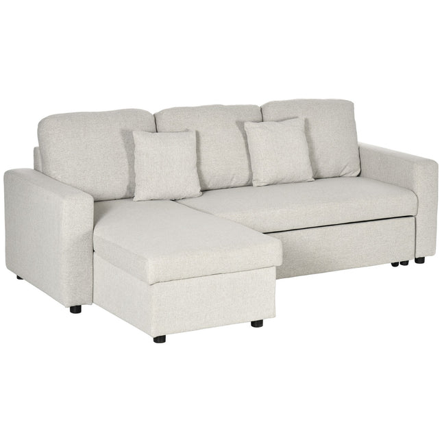 Kampinė sofa su lovos funkcija, kampinė sofa su dviviete sofa, viengulė lova, L formos su vieta daiktams susidėti, 2 kreminės baltos spalvos pagalvėlės