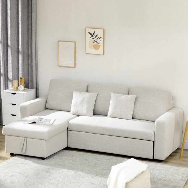 Kampinė sofa su lovos funkcija, kampinė sofa su dviviete sofa, viengulė lova, L formos su vieta daiktams susidėti, 2 kreminės baltos spalvos pagalvėlės