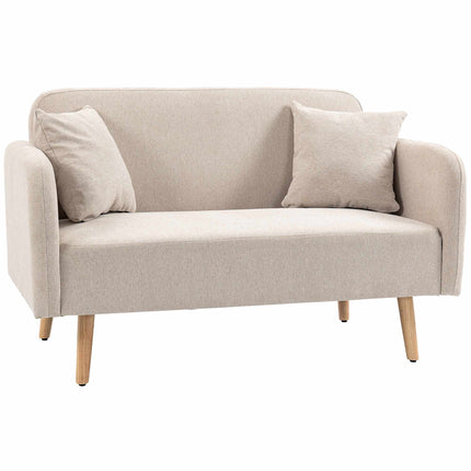 Kreminė dvivietė sofa su pagalvėlėmis, modernus dizainas, medinės kojelės