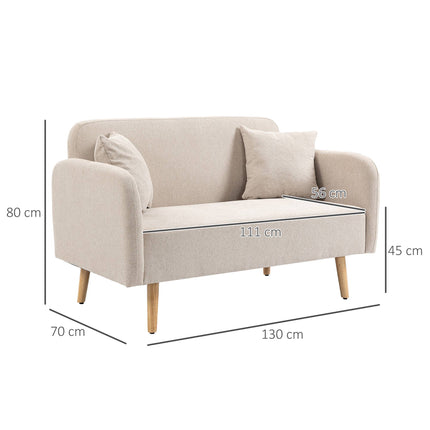 Kreminė dvivietė sofa su pagalvėlėmis, modernus dizainas, medinės kojelės