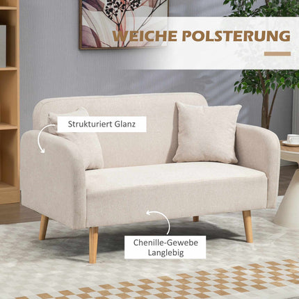Kreminė dvivietė sofa su pagalvėlėmis, modernus dizainas, medinės kojelės