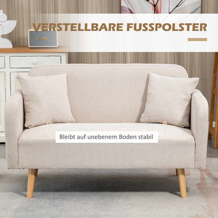 Kreminė dvivietė sofa su pagalvėlėmis, modernus dizainas, medinės kojelės