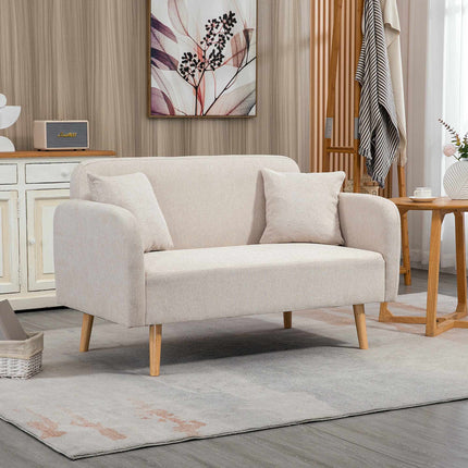 Kreminė dvivietė sofa su pagalvėlėmis, modernus dizainas, medinės kojelės