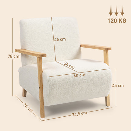 Kreminės spalvos šerpų poilsio krėslas, paminkštintas, medinės kojelės, 120 kg keliamoji galia