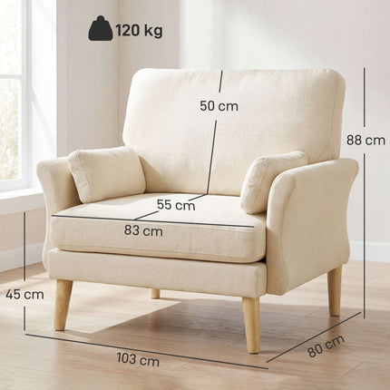 Kreminės spalvos aksominis fotelis, 83 cm sėdynė, su 2 pagalvėlėmis