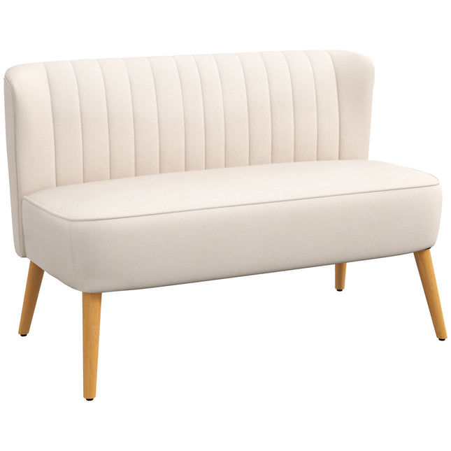 Kreminės baltos spalvos dvivietė sofa, patvarus audinys, medinės kojelės