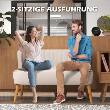 Kreminės baltos spalvos dvivietė sofa, patvarus audinys, medinės kojelės
