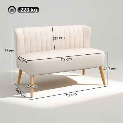 Kreminės baltos spalvos dvivietė sofa, patvarus audinys, medinės kojelės