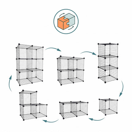 Kubinių lentynų komplektas - moduliniai metalinės vielos laikymo kubeliai