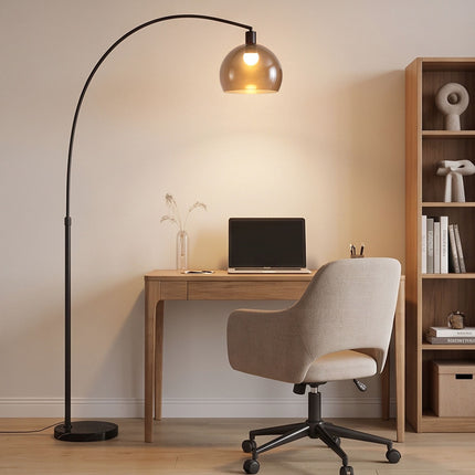 Curved Floor Lamp with Marble Base and Foot Switch, E27, 180 cm, Grey, Black