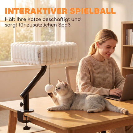 Desk Cat Bed with Adjustable Clamp and 360° Rotation, Hanging Ball, White