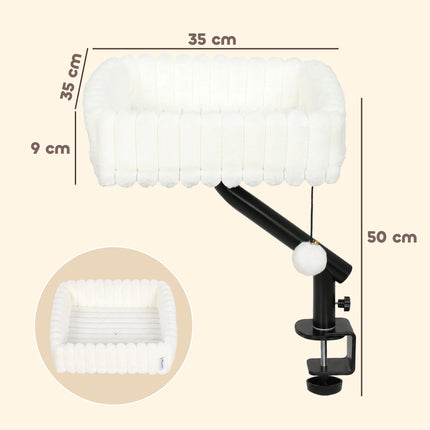 Desk Cat Bed with Adjustable Clamp and 360° Rotation, Hanging Ball, White