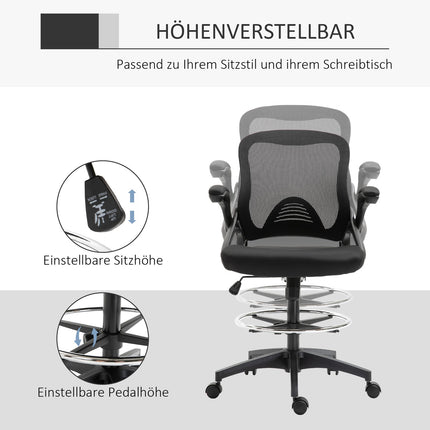 Stalo kėdė, ergonomiška biuro kėdė, pasukama 360°, su reguliuojamu kojų žiedu, keliamoji galia iki 120 kg, tinklelis, juodas, 106-126 cm