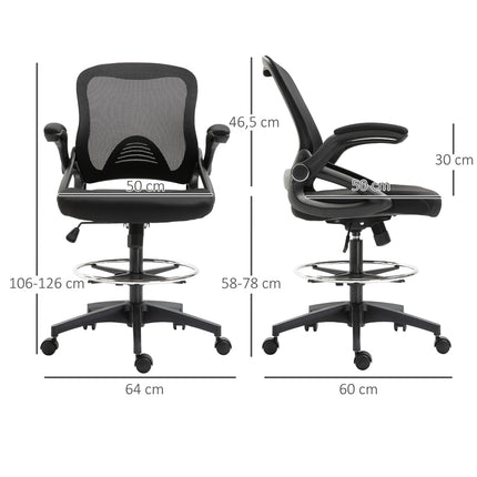 Stalo kėdė, ergonomiška biuro kėdė, pasukama 360°, su reguliuojamu kojų žiedu, keliamoji galia iki 120 kg, tinklelis, juodas, 106-126 cm