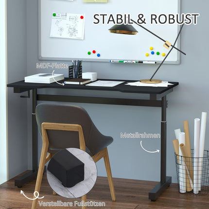 Kompiuterinis stalas, reguliuojamo aukščio, ranka pakeliamas, stovimas stalas, reguliuojamos kojų atramos, MDF, metalas, juodas, 120 x 60 x 72-117 cm