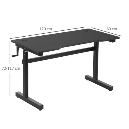 Kompiuterinis stalas, reguliuojamo aukščio, ranka pakeliamas, stovimas stalas, reguliuojamos kojų atramos, MDF, metalas, juodas, 120 x 60 x 72-117 cm