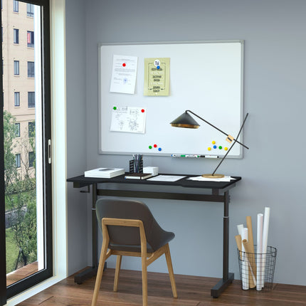 Kompiuterinis stalas, reguliuojamo aukščio, ranka pakeliamas, stovimas stalas, reguliuojamos kojų atramos, MDF, metalas, juodas, 120 x 60 x 72-117 cm