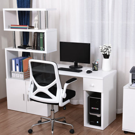 L-shaped white corner desk with bookshelf and drawer, 120x80x164 cm