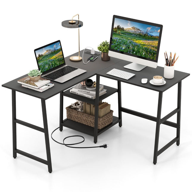 Kampinis stalas L formos su lizdais ir USB prievadais, 120 x 120 x 75 cm, juodas