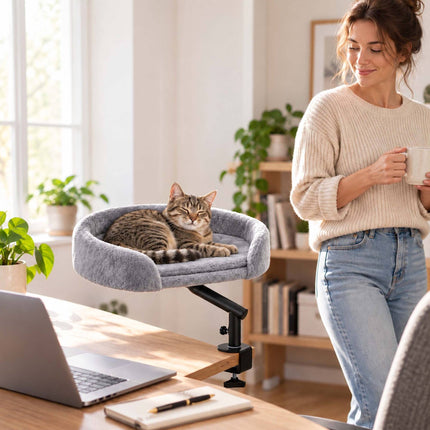 Desk Mounted Cat Bed with Clamp and Reversible Cushion, Grey, Up to 25 kg