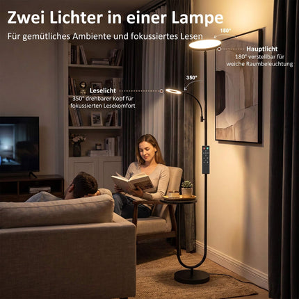 Dimmable LED Floor Lamp with Side Table and Reading Light, Remote Control, Black