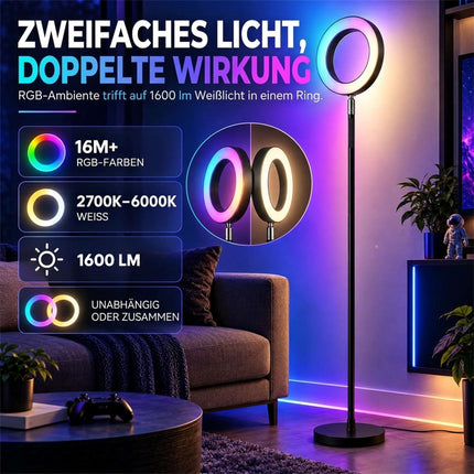 Dimmable RGB Floor Lamp 42 W with Rotating Ring Head, Voice Control, Black