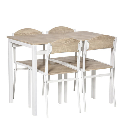 Valgomojo grupės 5 dalių valgomojo stalų komplektas su medžio raštu MDF + metalu, pilkas + baltas, 1 stalas + 4 kėdės