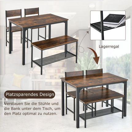Valgomojo stalo komplektas 4 asmenims - stalas, 2 kėdės, suolas, lentyna