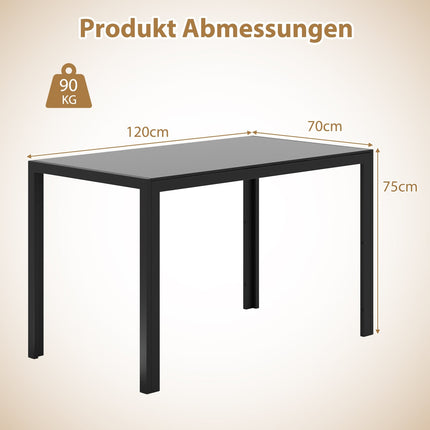 Valgomojo stalas 4 asmenims, stiklinis stalviršis, juodas metalinis rėmas, 120x70x75 cm