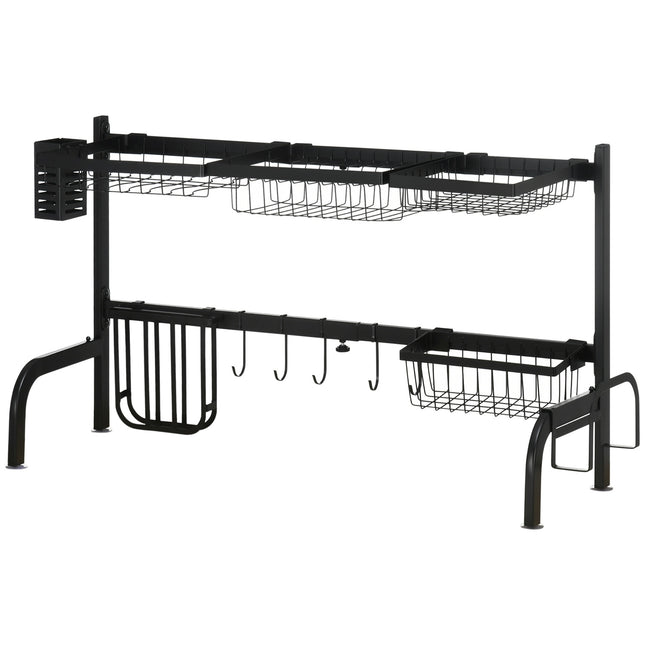 Indų džiovyklė, 2 pakopų, indų džiovyklė su kabliukais, lašų surinkimo padėklas, plienas, juoda, 51-93 cm
