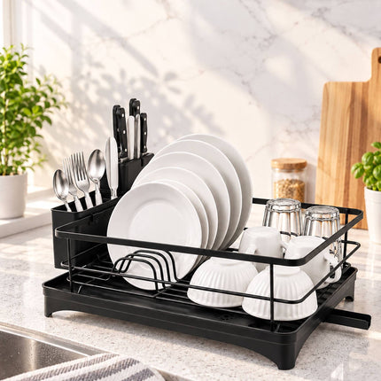 Dish Drainer with Rotating Drain and Cutlery Holder, Black, 43 cm Wide