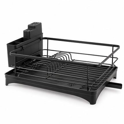Dish Drainer with Rotating Drain and Cutlery Holder, Black, 43 cm Wide
