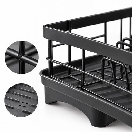 Dish Drainer with Rotating Drain and Tea Towel Rail, Black, Sponge Shelf
