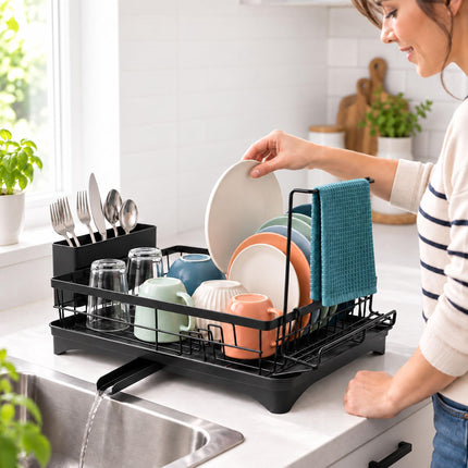 Dish Drainer with Rotating Drain and Tea Towel Rail, Black, Sponge Shelf