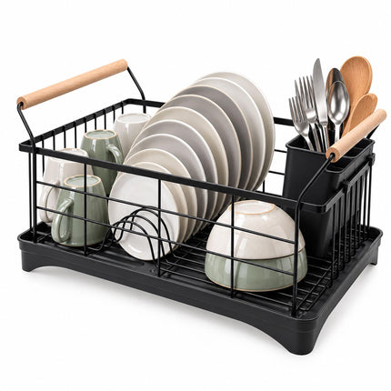 Dish Drying Rack with Drainage Tray and Cutlery Basket, Black, 360° Outlet