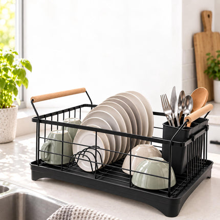 Dish Drying Rack with Drainage Tray and Cutlery Basket, Black, 360° Outlet