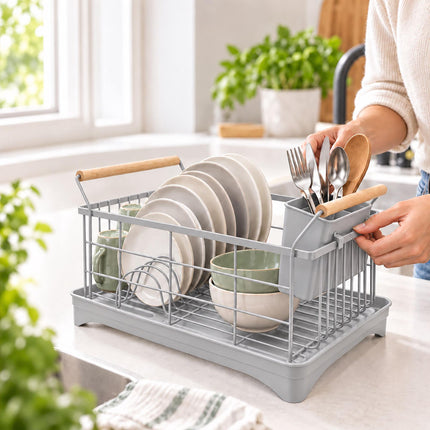Dish Drying Rack with Drainage Tray and Cutlery Basket, Grey, 360° Outlet